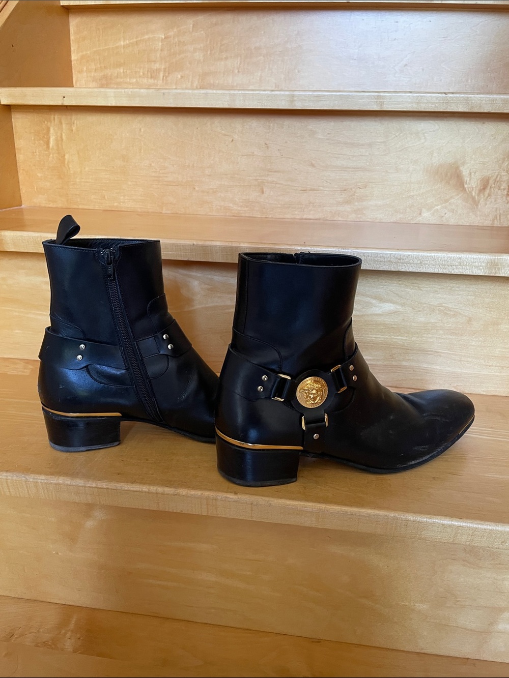 Versace Black Leather Ankle Boots with Gold Medusa Medallion Detail